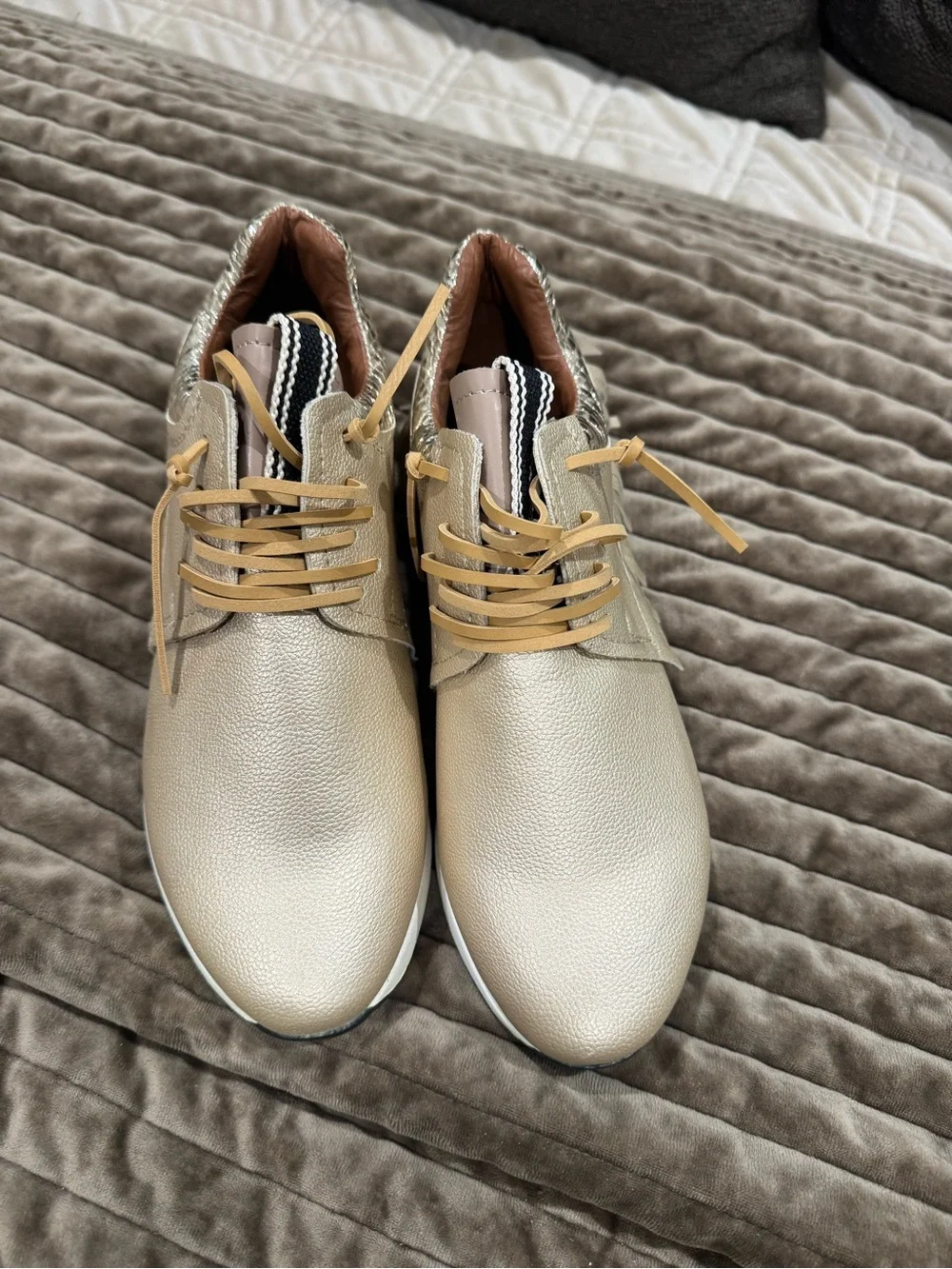 ShuShop Cream Fringe Lace-Up Sneakers with Metallic Trim